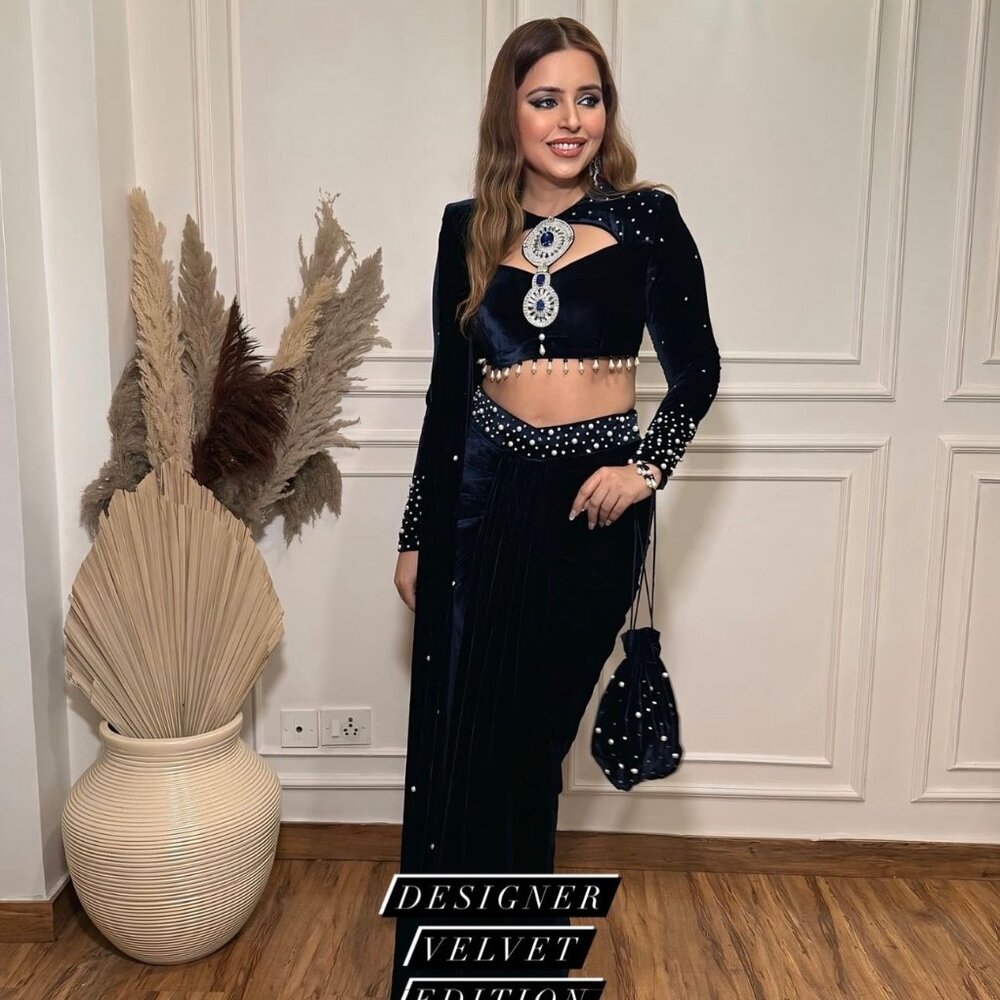 Designer Velvet Black Embellished Long-Sleeve Dress Set